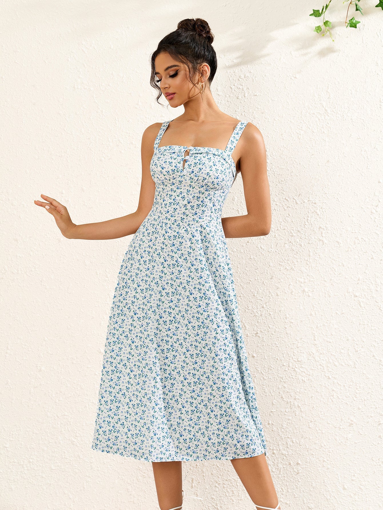Sleek Sleeveless Backless Printed Ruched Midi Dress