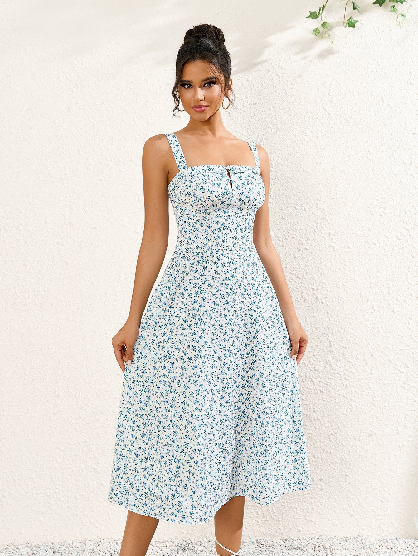 Sleek Sleeveless Backless Printed Ruched Midi Dress