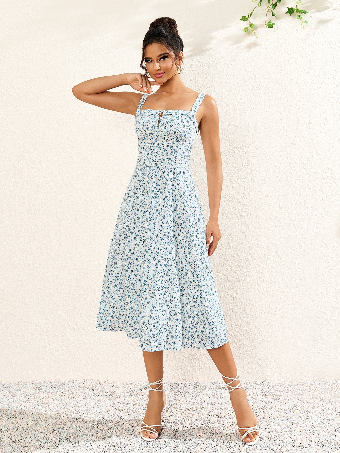 Sleek Sleeveless Backless Printed Ruched Midi Dress