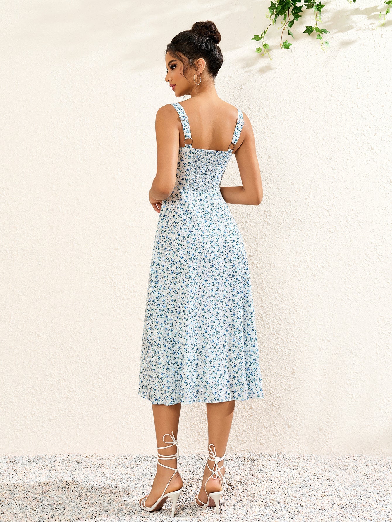 Sleek Sleeveless Backless Printed Ruched Midi Dress