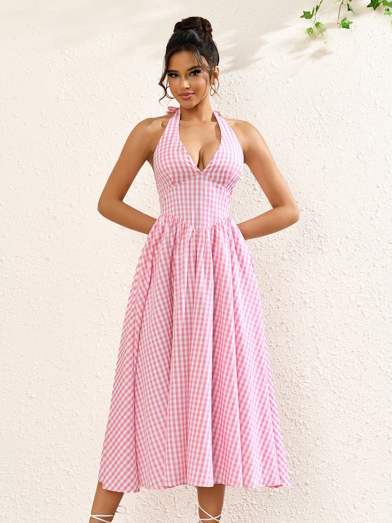 Sexy Halter Neck Sleeveless Backless Ruched Midi Dress