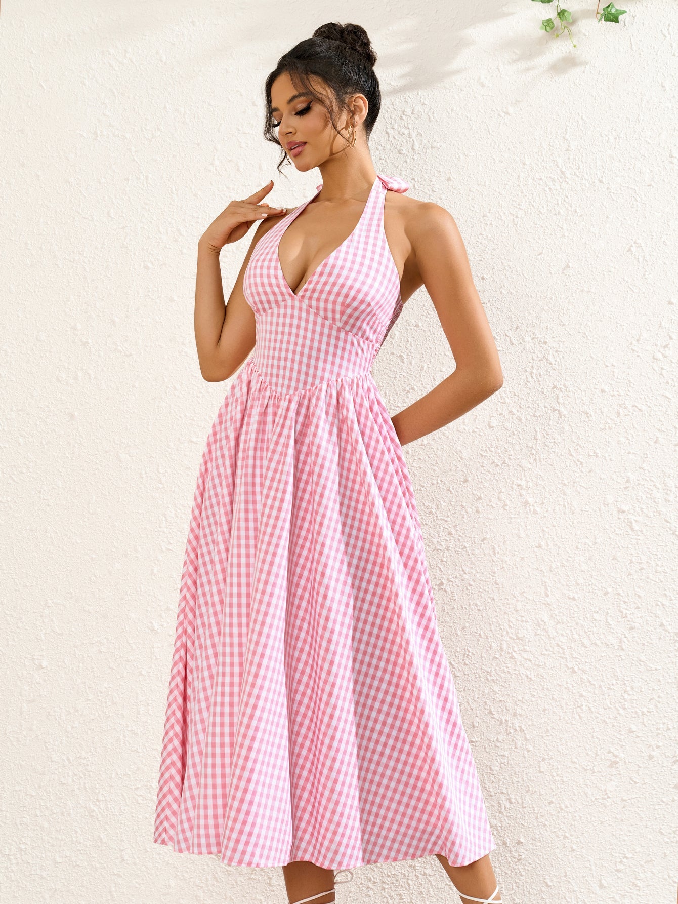 Sexy Halter Neck Sleeveless Backless Ruched Midi Dress