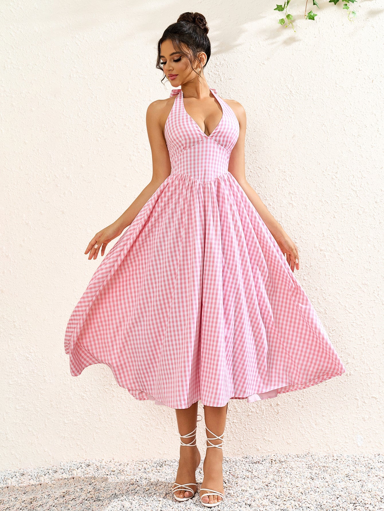 Sexy Halter Neck Sleeveless Backless Ruched Midi Dress