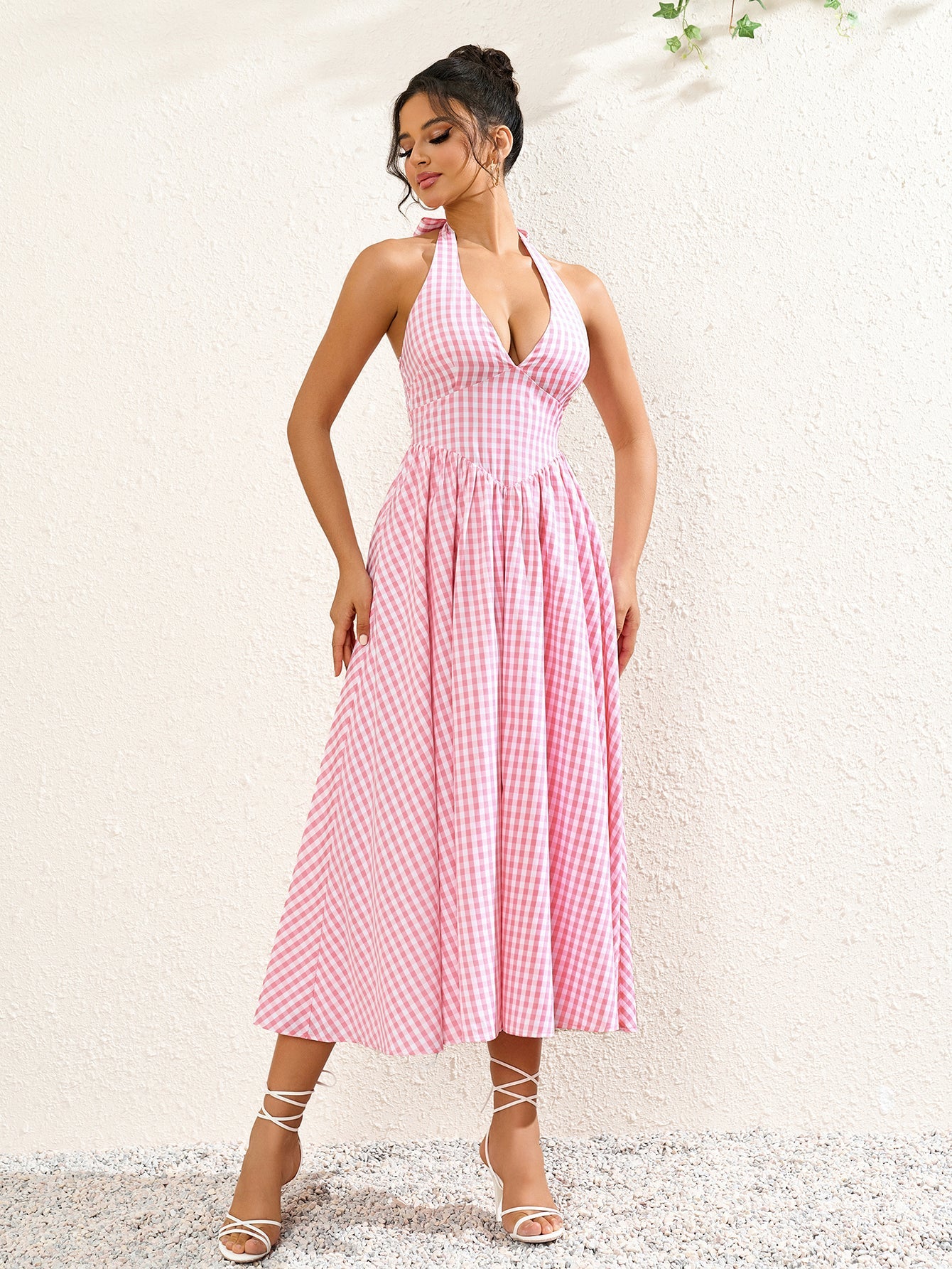 Sexy Halter Neck Sleeveless Backless Ruched Midi Dress