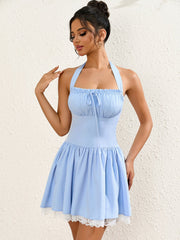 Sexy Solid Halter Neck Backless Sleeveless Ruched Mini Dress