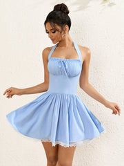 Sexy Solid Halter Neck Backless Sleeveless Ruched Mini Dress