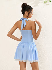 Sexy Solid Halter Neck Backless Sleeveless Ruched Mini Dress
