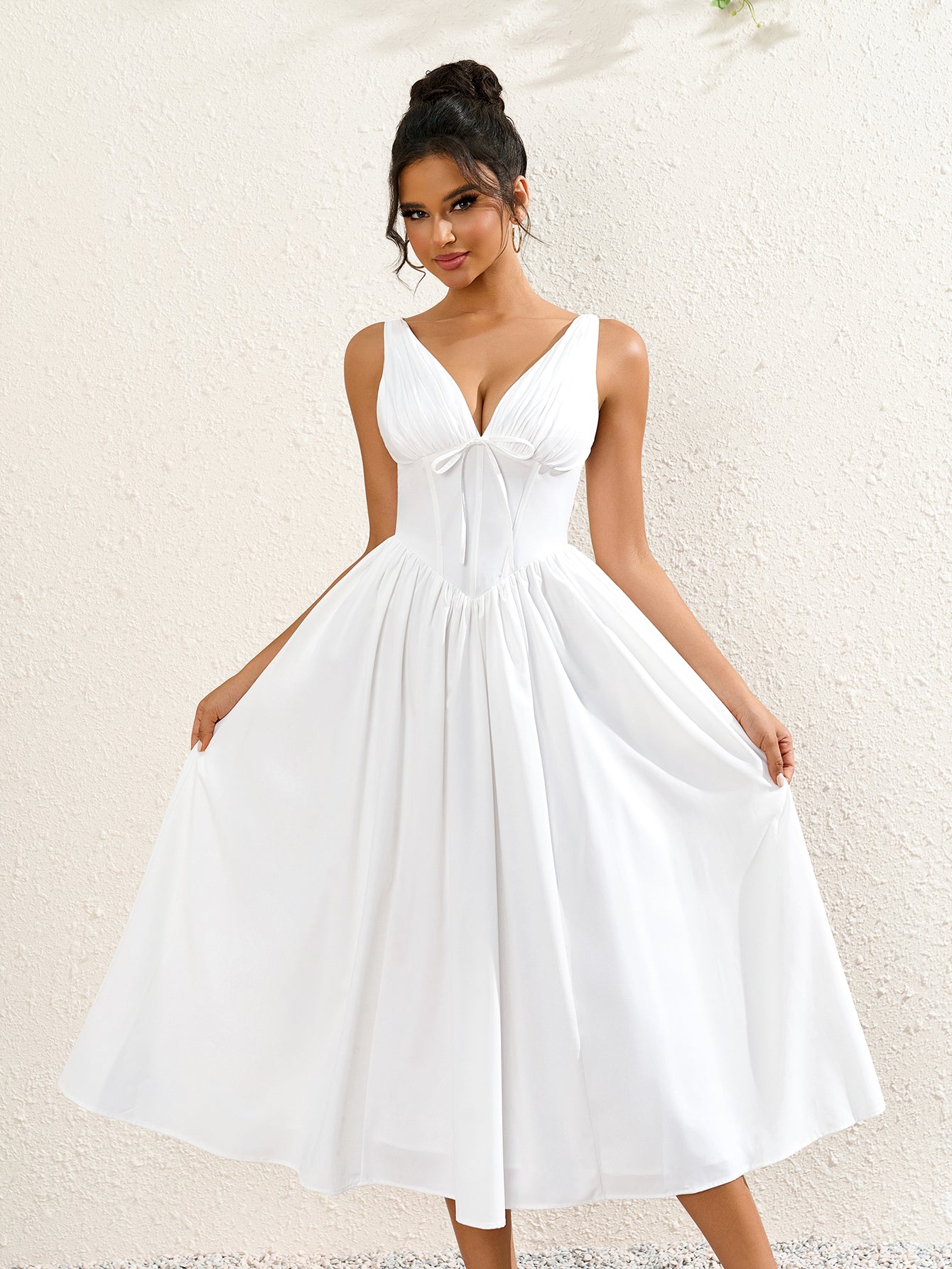 Hepburn Style Deep V-Neckline Sleeveless Ruched Midi Dress