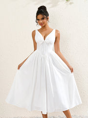 Hepburn Style Deep V-Neckline Sleeveless Ruched Midi Dress