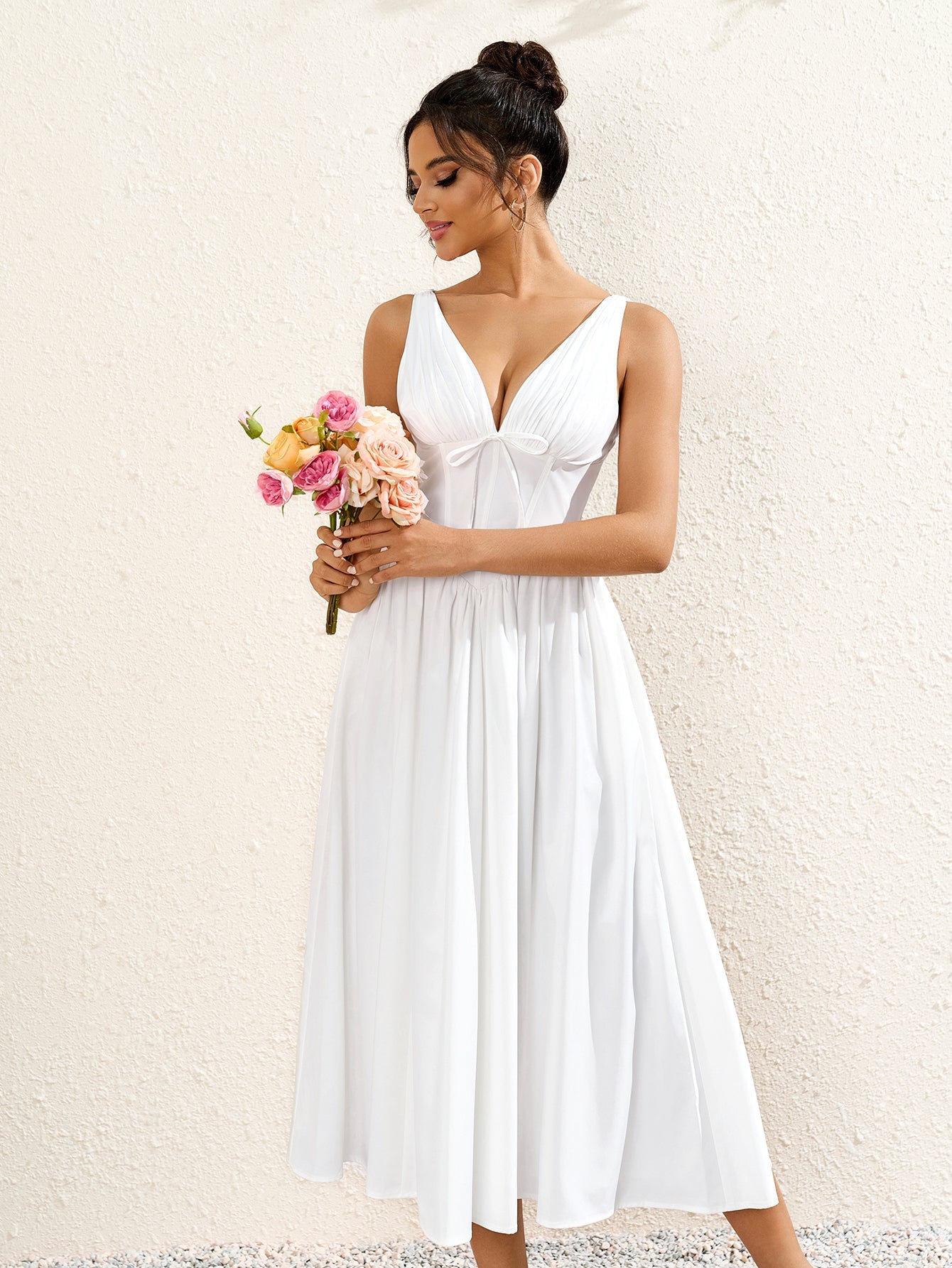 Hepburn Style Deep V-Neckline Sleeveless Ruched Midi Dress