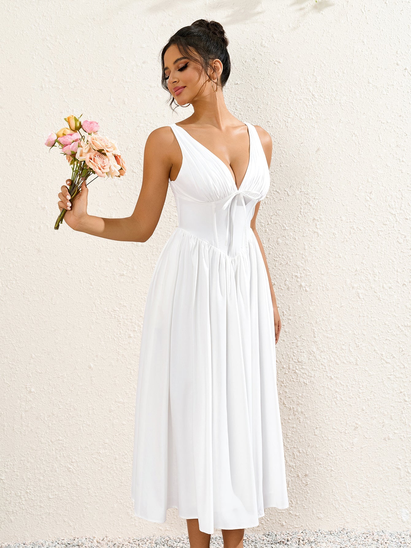 Hepburn Style Deep V-Neckline Sleeveless Ruched Midi Dress