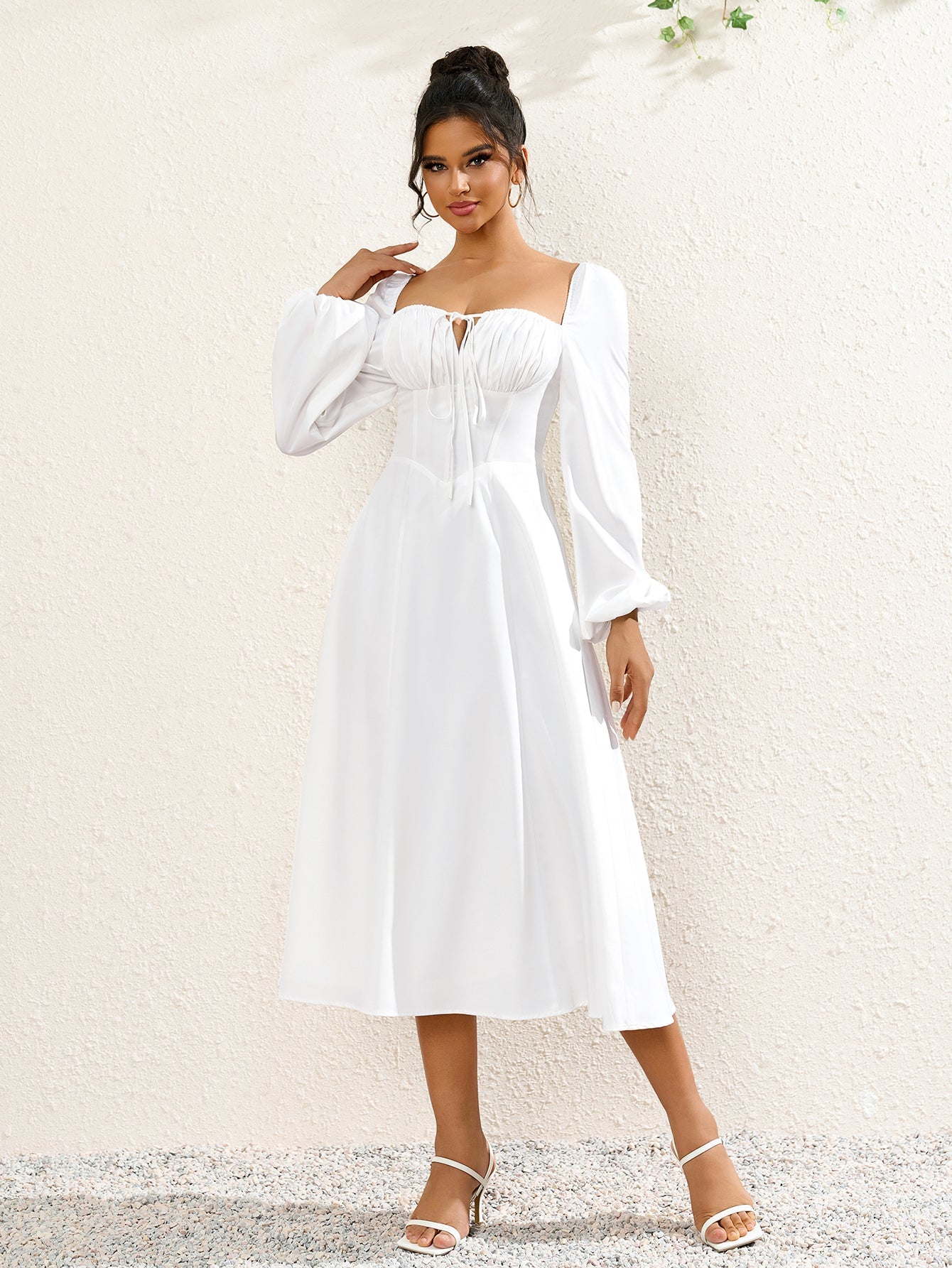 French Solid Long Sleeved Backless Ruched Slim Midi Dress