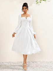 French Solid Long Sleeved Backless Ruched Slim Midi Dress