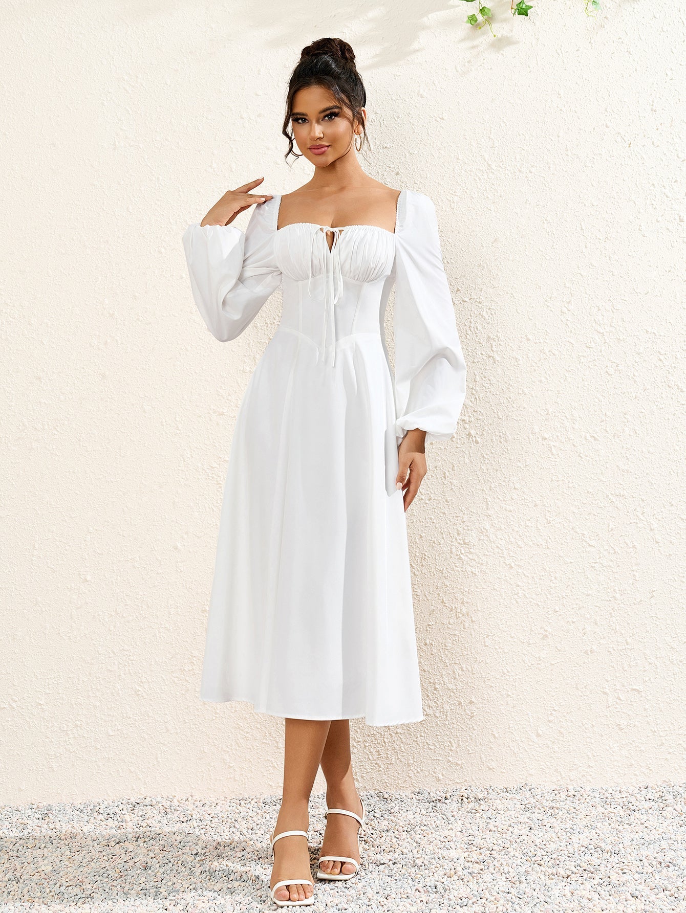 French Solid Long Sleeved Backless Ruched Slim Midi Dress