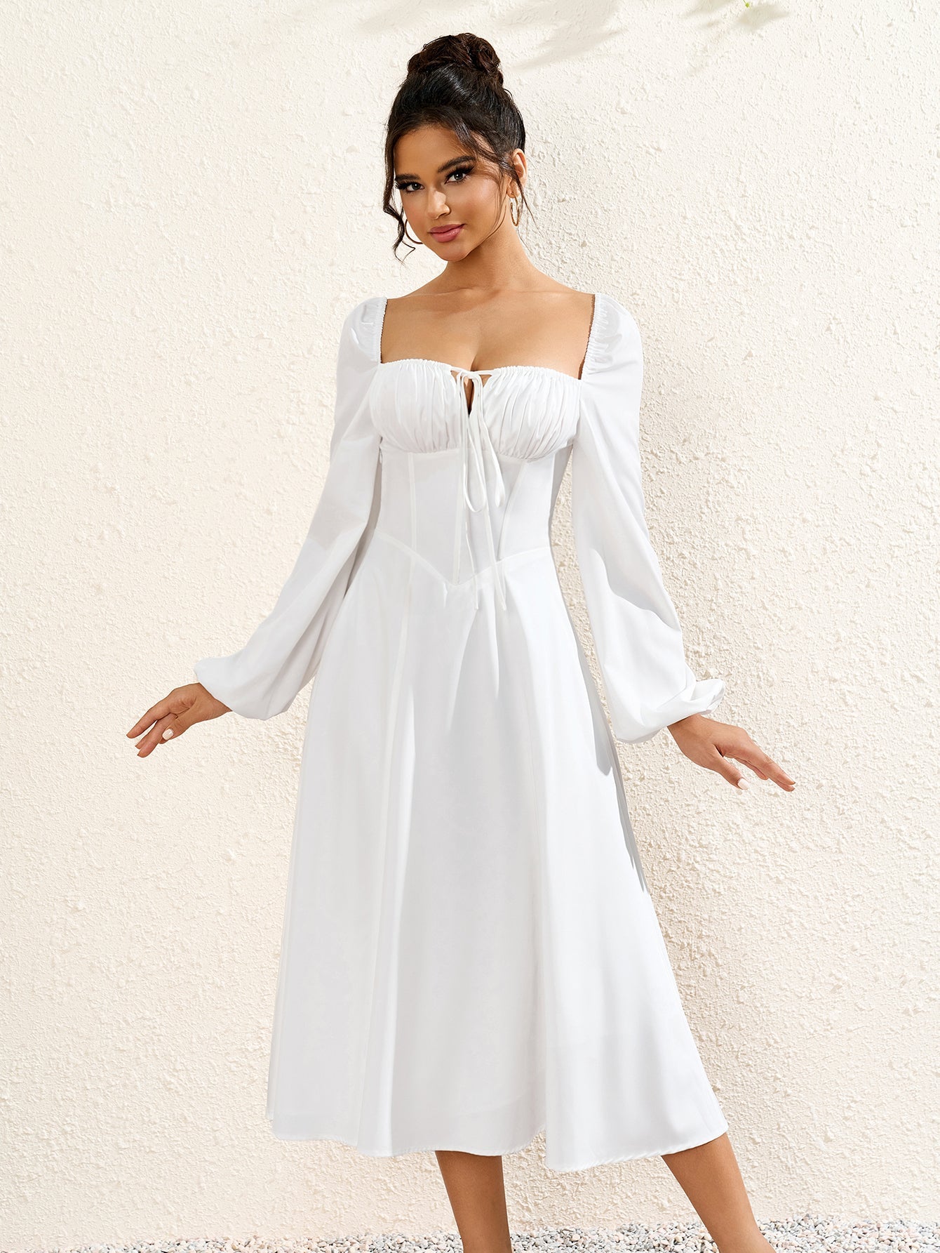 French Solid Long Sleeved Backless Ruched Slim Midi Dress