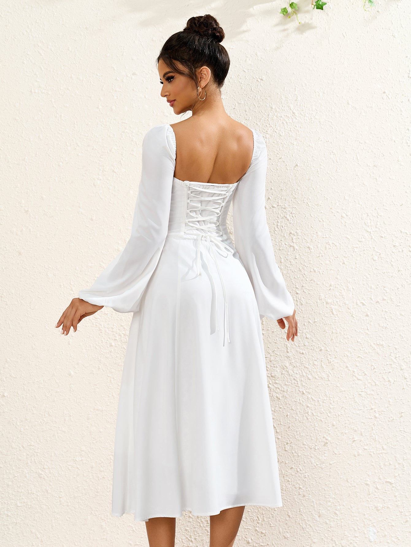 French Solid Long Sleeved Backless Ruched Slim Midi Dress