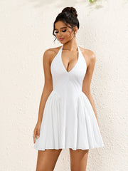 Sexy Solid V-Neck Halter Neck Backless Sleeveless Mini Dress