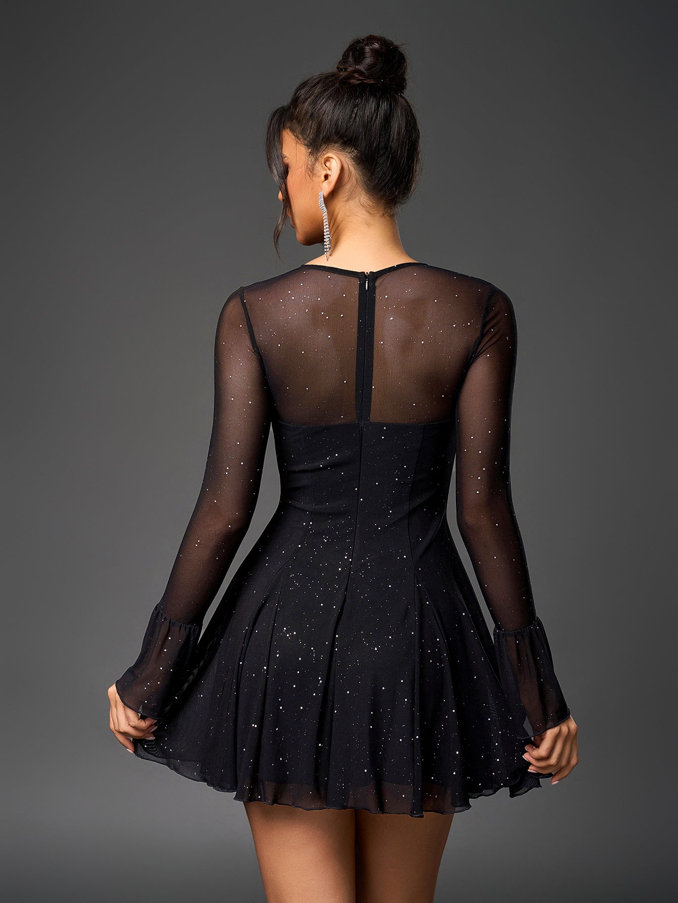 Sexy Mesh Long Sleeve Slim Sparkly Ruched Mini Dress