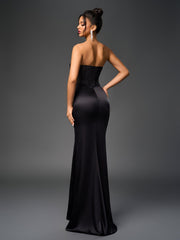 Temperament Strapless Sparkly Solid Color Slim Ruched Maxi Gown