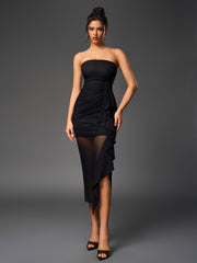 Sexy Mesh Bandeau Strapless Solid Slim Irregular Tassel Gown