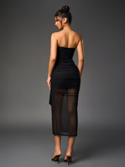 Sexy Mesh Bandeau Strapless Solid Slim Irregular Tassel Gown