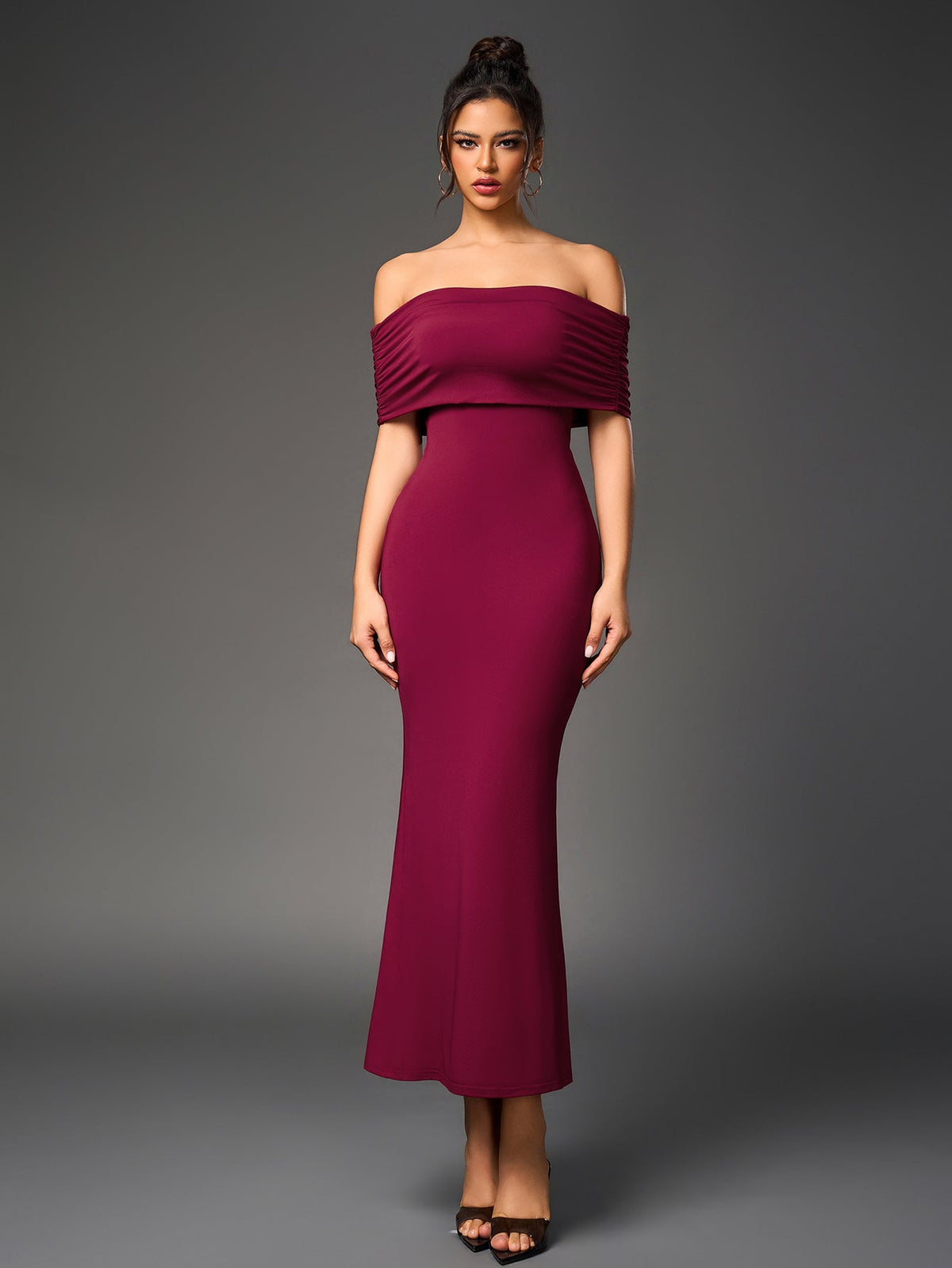 Sexy Slim Backless Ruched Strapless Solid Bodycon Maxi Dress