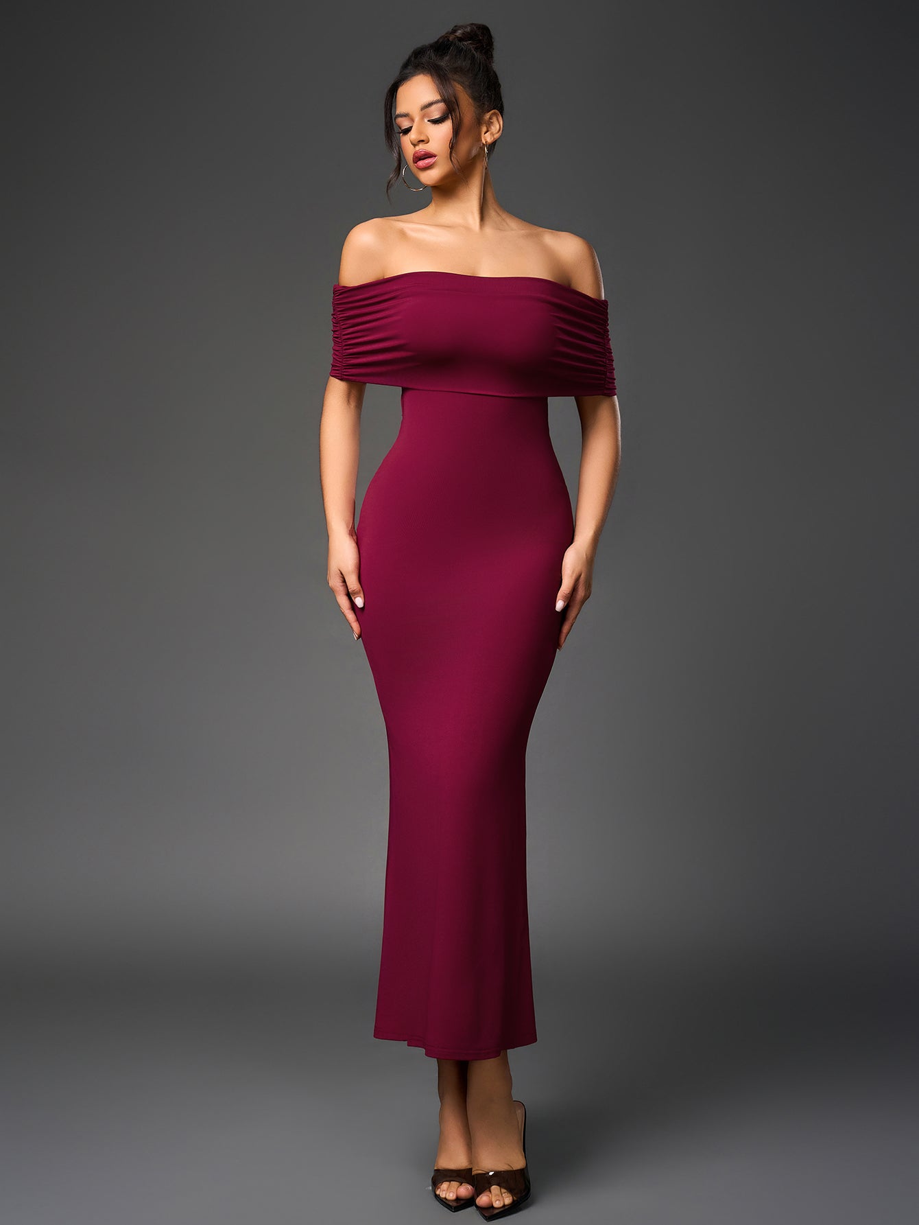 Sexy Slim Backless Ruched Strapless Solid Bodycon Maxi Dress