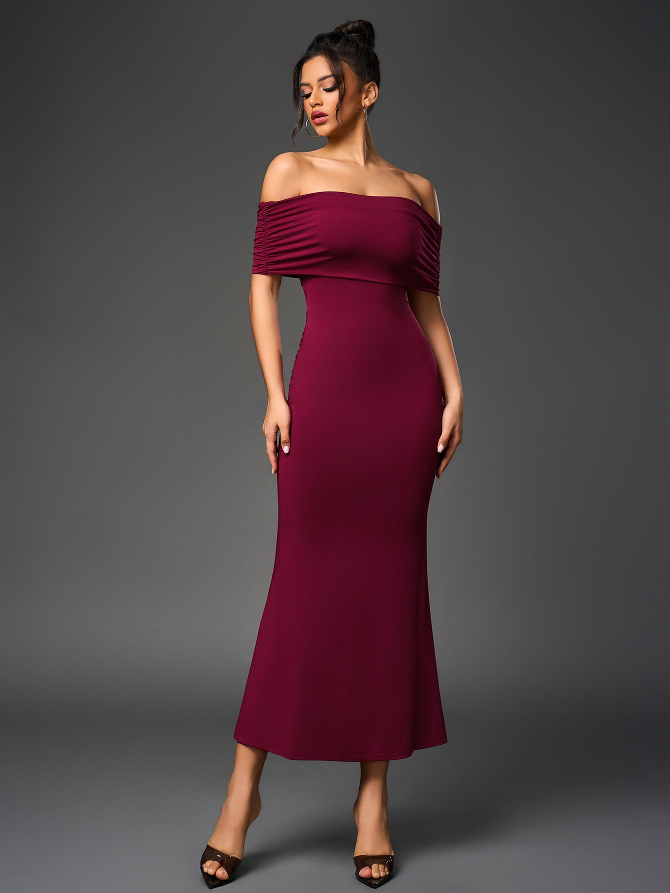 Sexy Slim Backless Ruched Strapless Solid Bodycon Maxi Dress