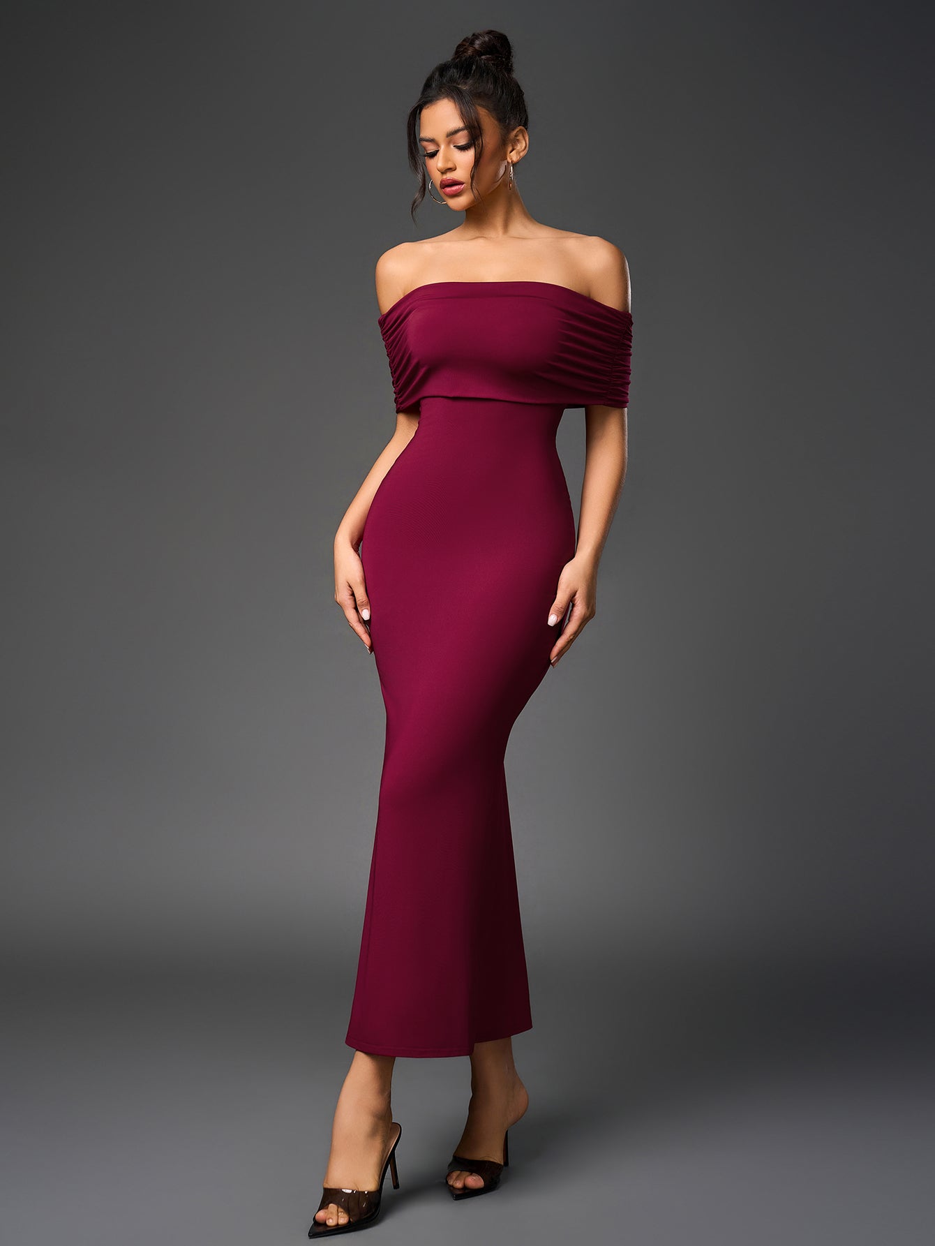 Sexy Slim Backless Ruched Strapless Solid Bodycon Maxi Dress