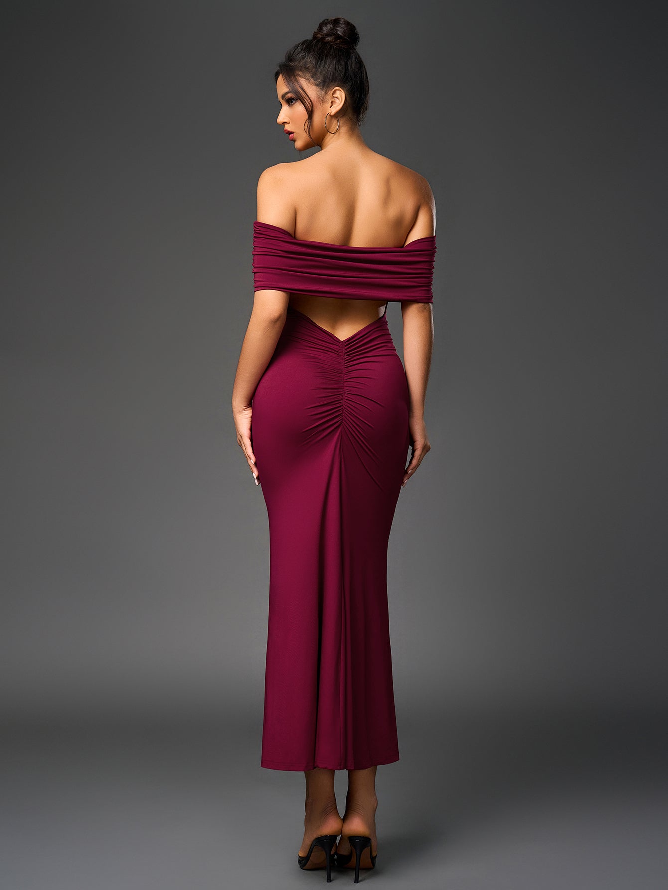 Sexy Slim Backless Ruched Strapless Solid Bodycon Maxi Dress