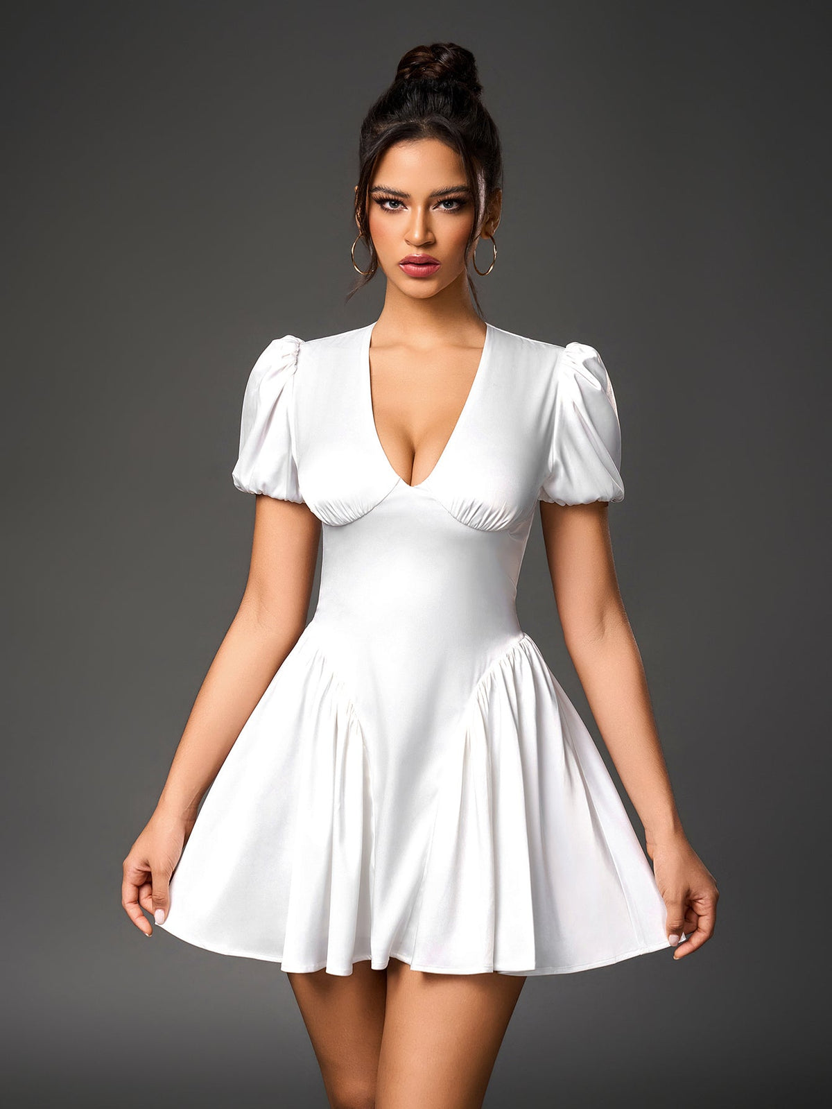 Sexy Solid V-Neck Puff Sleeve Slim Ruched Mini Dress