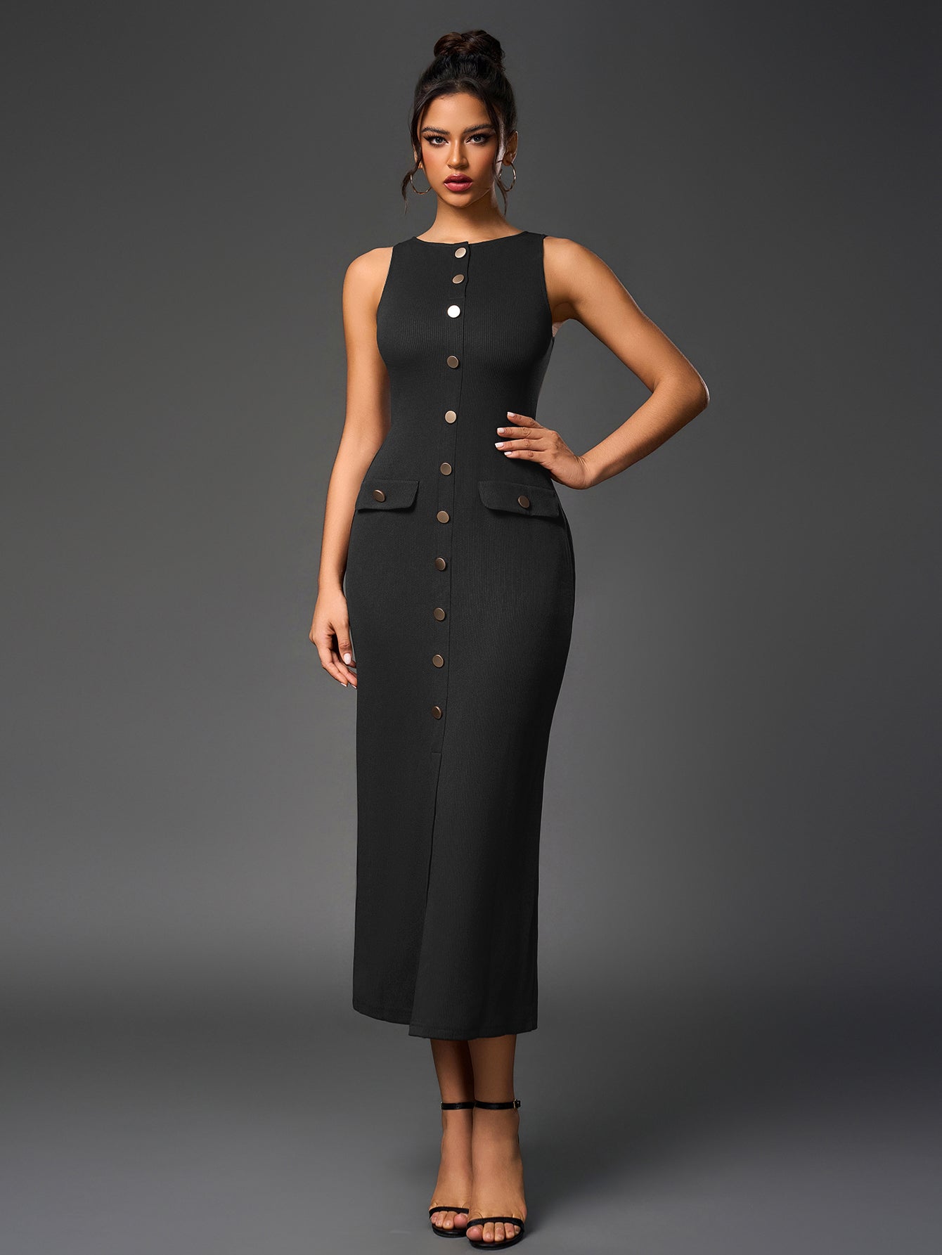 Temperament Round-Neck Sleeveless Single-Breasted Bodycon Maxi Dress