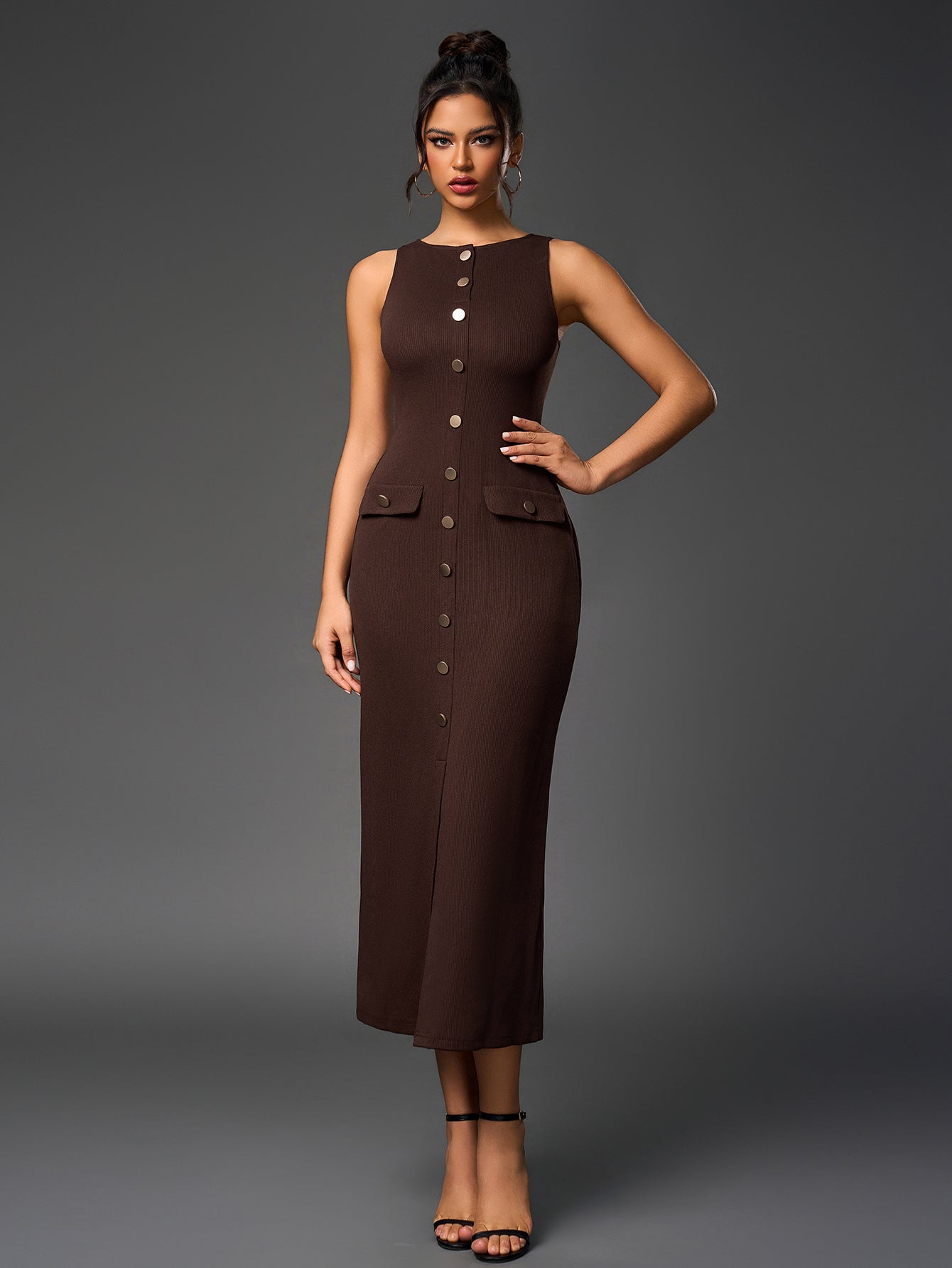 Temperament Round-Neck Sleeveless Single-Breasted Bodycon Maxi Dress