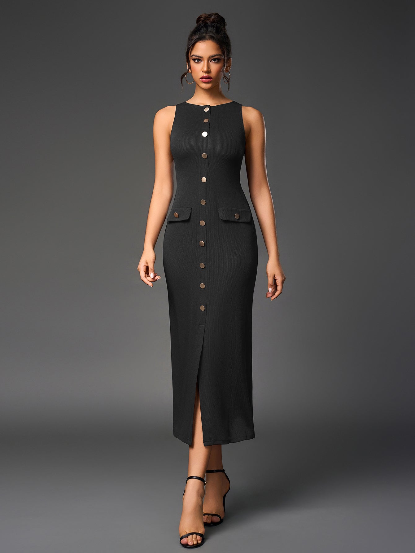 Temperament Round-Neck Sleeveless Single-Breasted Bodycon Maxi Dress