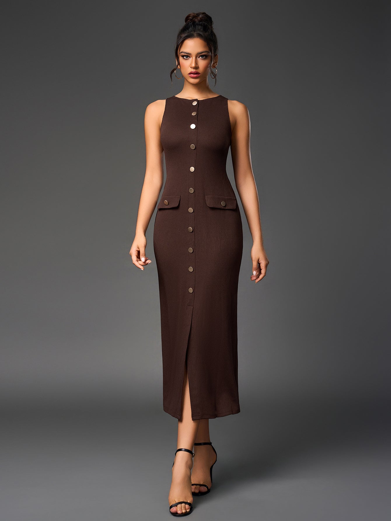 Temperament Round-Neck Sleeveless Single-Breasted Bodycon Maxi Dress