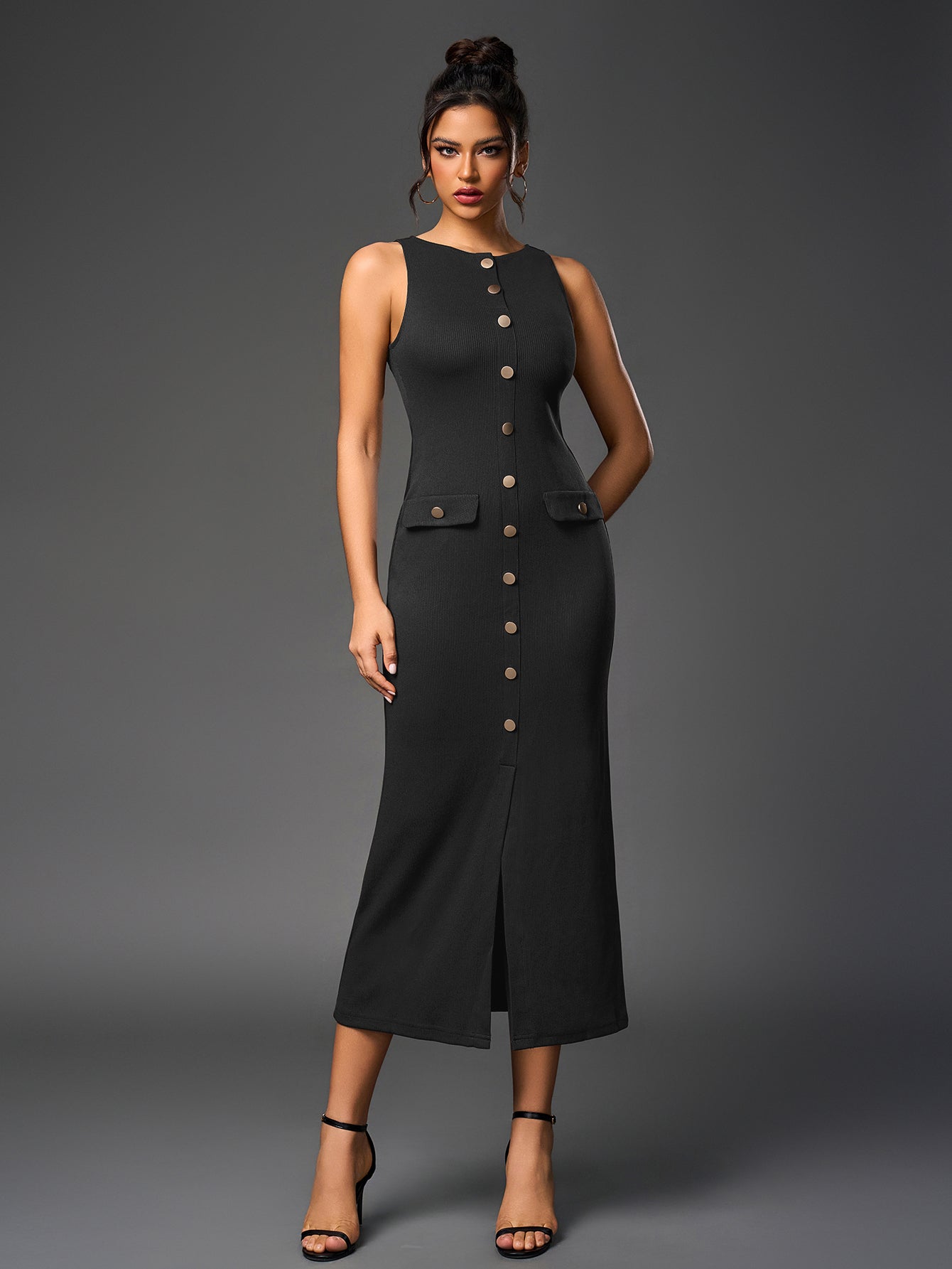 Temperament Round-Neck Sleeveless Single-Breasted Bodycon Maxi Dress