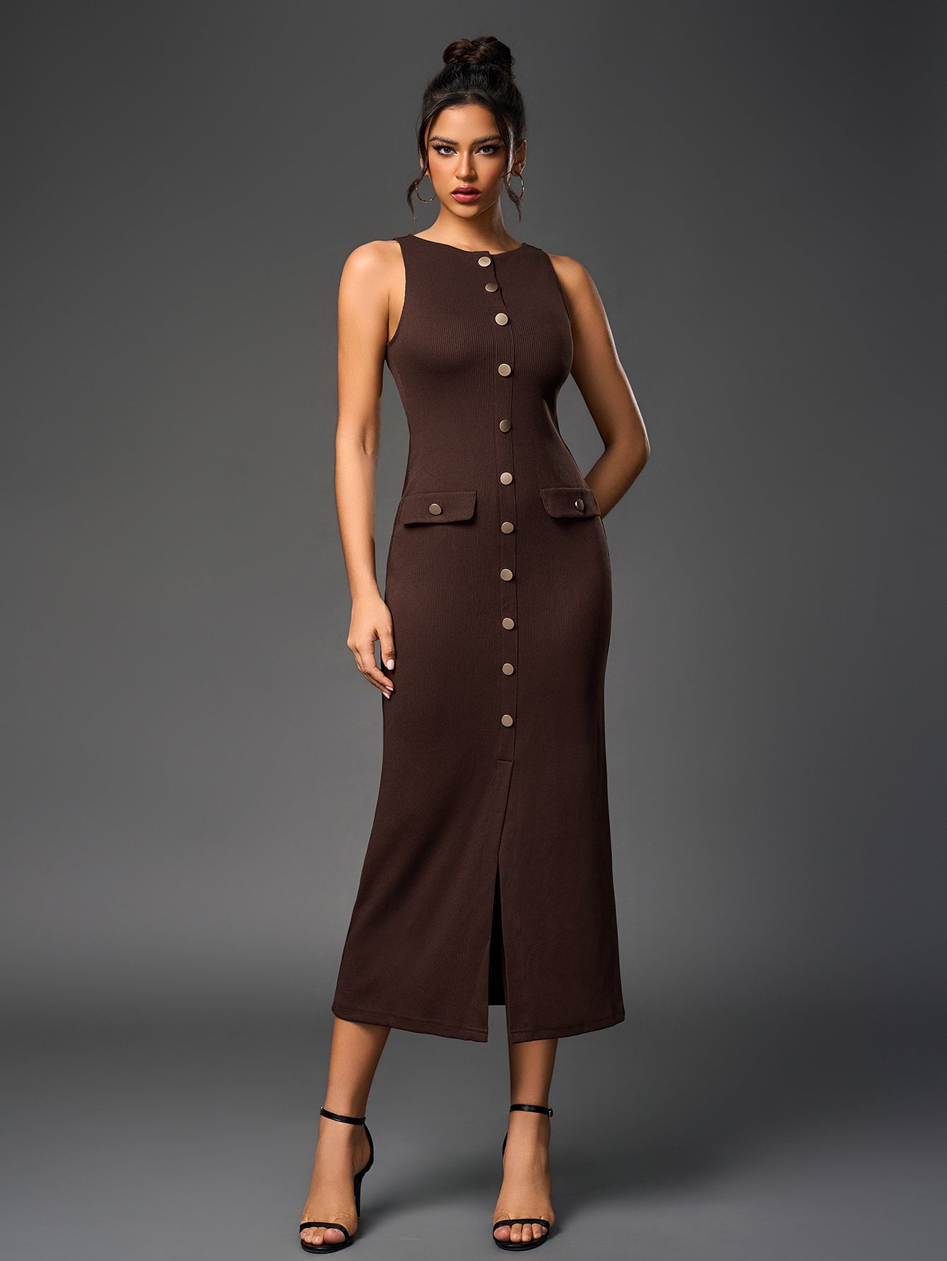 Temperament Round-Neck Sleeveless Single-Breasted Bodycon Maxi Dress
