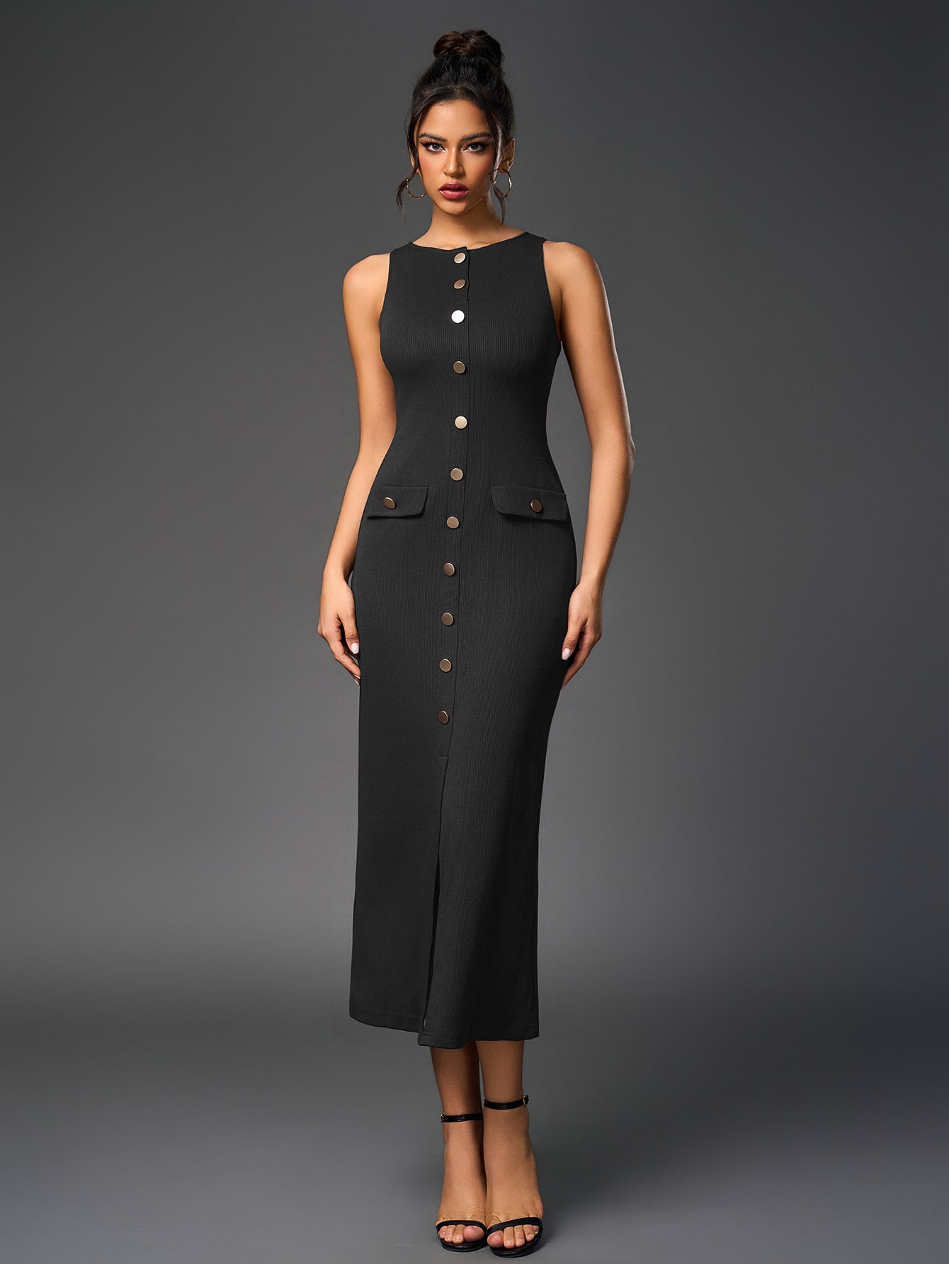 Temperament Round-Neck Sleeveless Single-Breasted Bodycon Maxi Dress