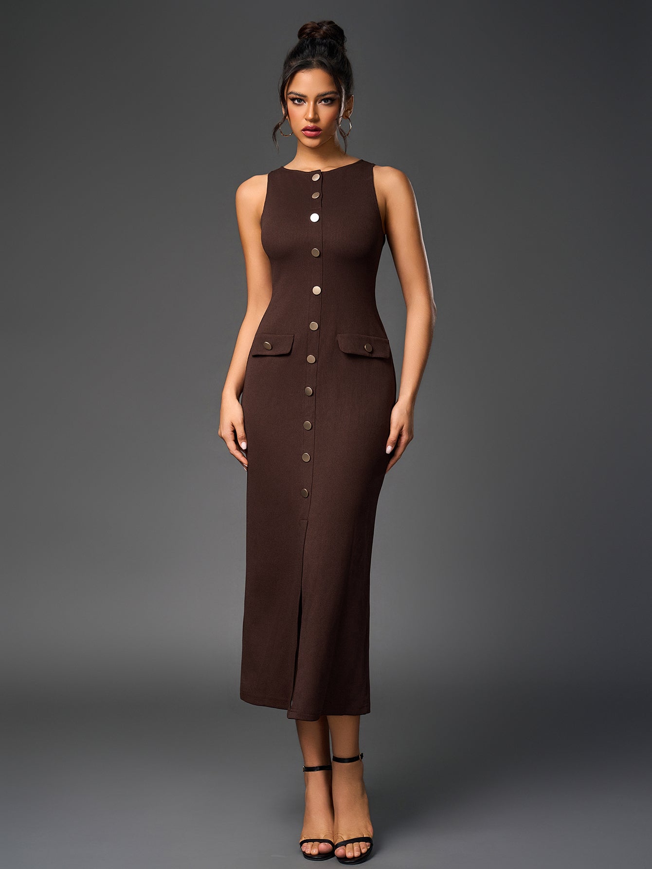 Temperament Round-Neck Sleeveless Single-Breasted Bodycon Maxi Dress