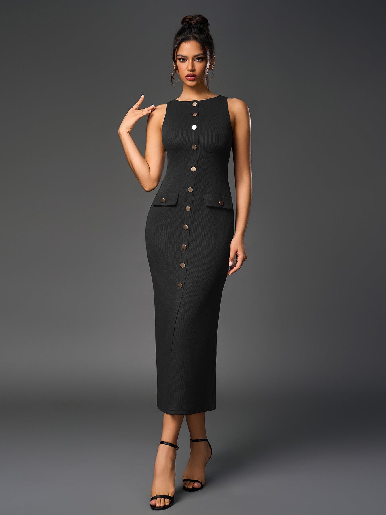 Temperament Round-Neck Sleeveless Single-Breasted Bodycon Maxi Dress