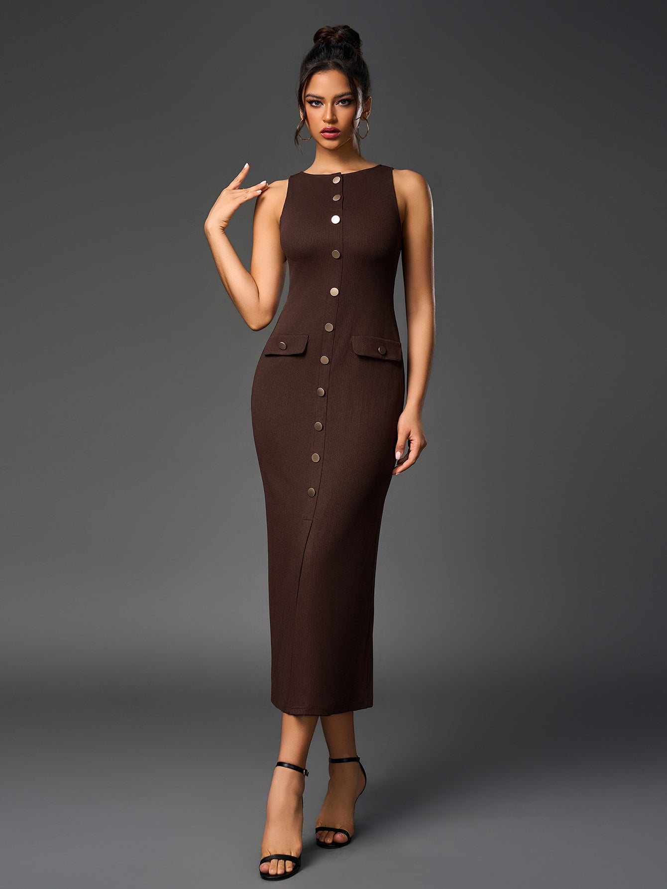 Temperament Round-Neck Sleeveless Single-Breasted Bodycon Maxi Dress