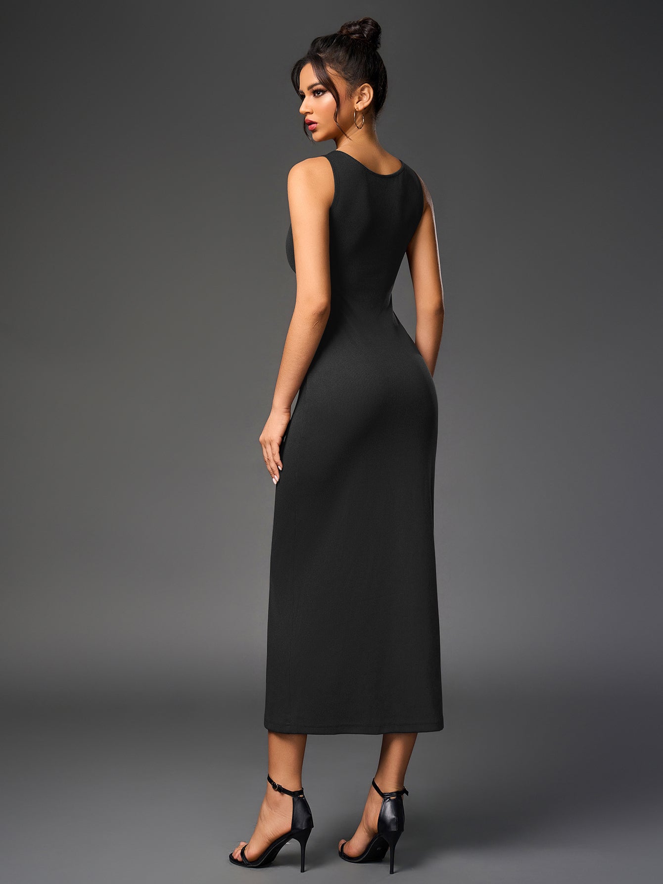 Temperament Round-Neck Sleeveless Single-Breasted Bodycon Maxi Dress
