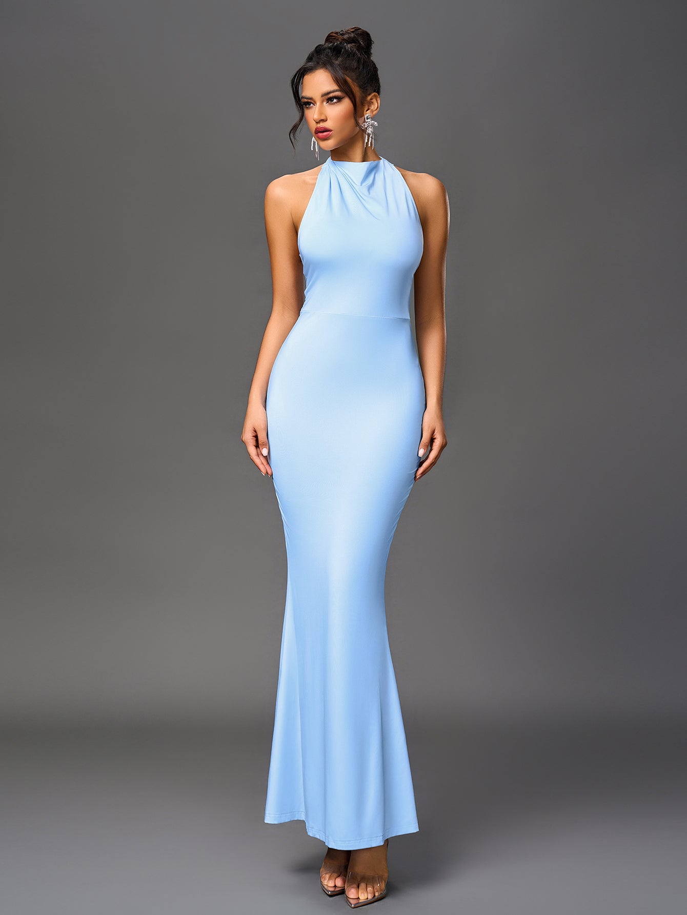 Sexy Solid Ruched Sleeveless Halter Neck Backless Bodycon Maxi Dress