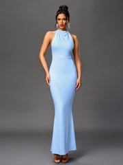 Sexy Solid Ruched Sleeveless Halter Neck Backless Bodycon Maxi Dress
