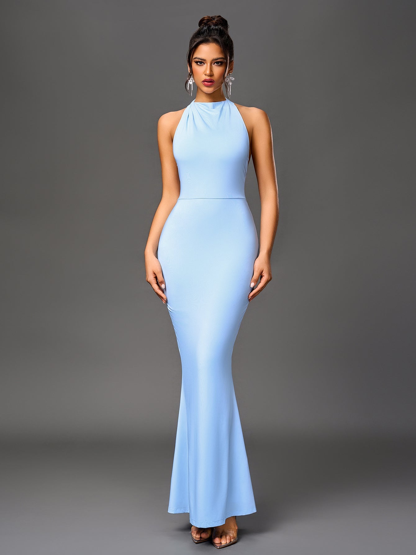 Sexy Solid Ruched Sleeveless Halter Neck Backless Bodycon Maxi Dress