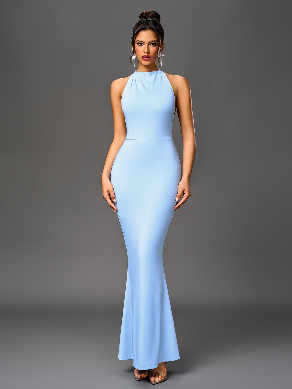 Sexy Solid Ruched Sleeveless Halter Neck Backless Bodycon Maxi Dress
