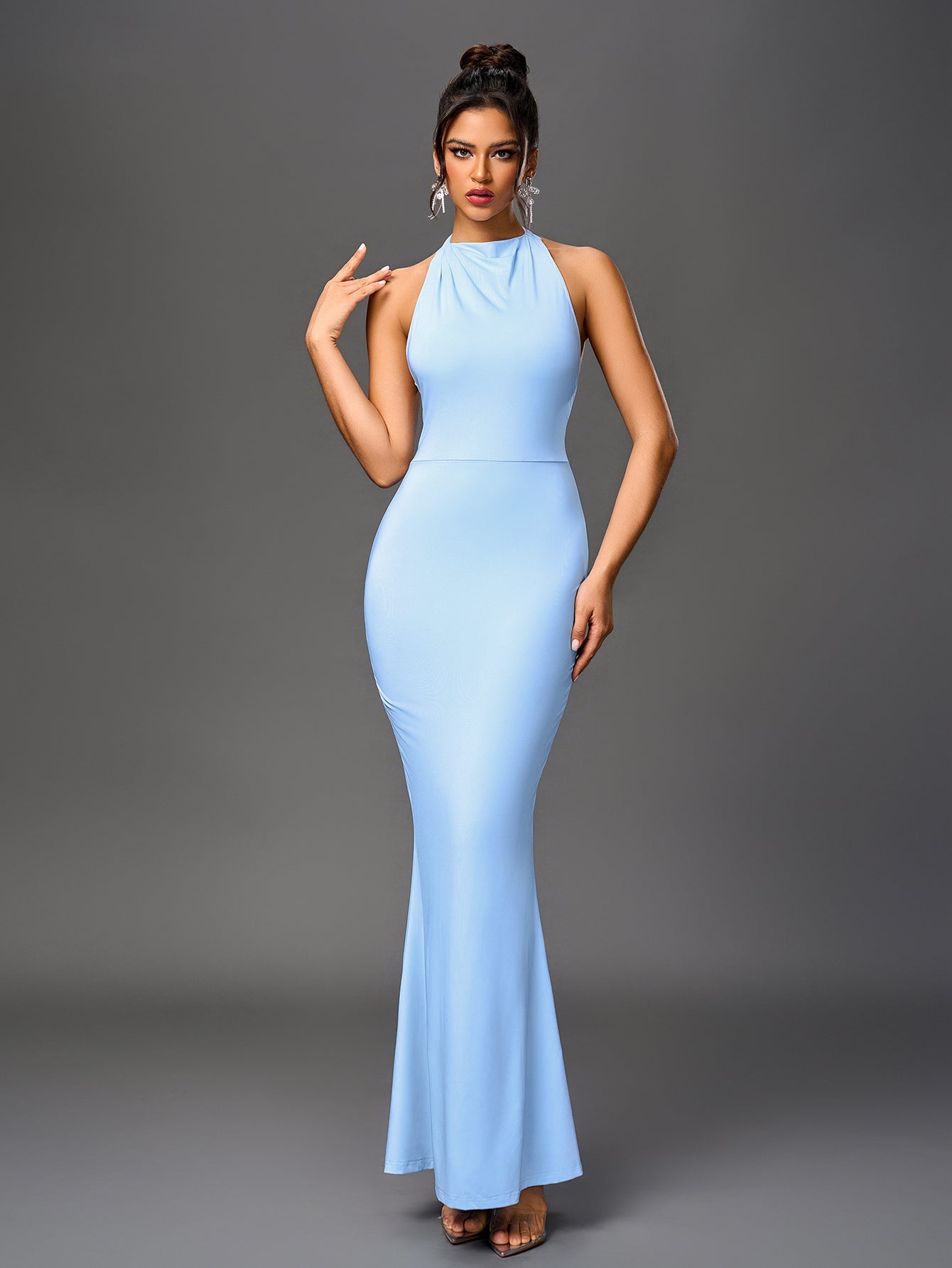 Sexy Solid Ruched Sleeveless Halter Neck Backless Bodycon Maxi Dress