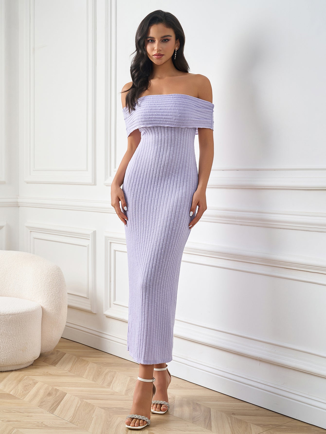 Elegant Solid Knitted Off-Shoulder Bodycon Maxi Dress