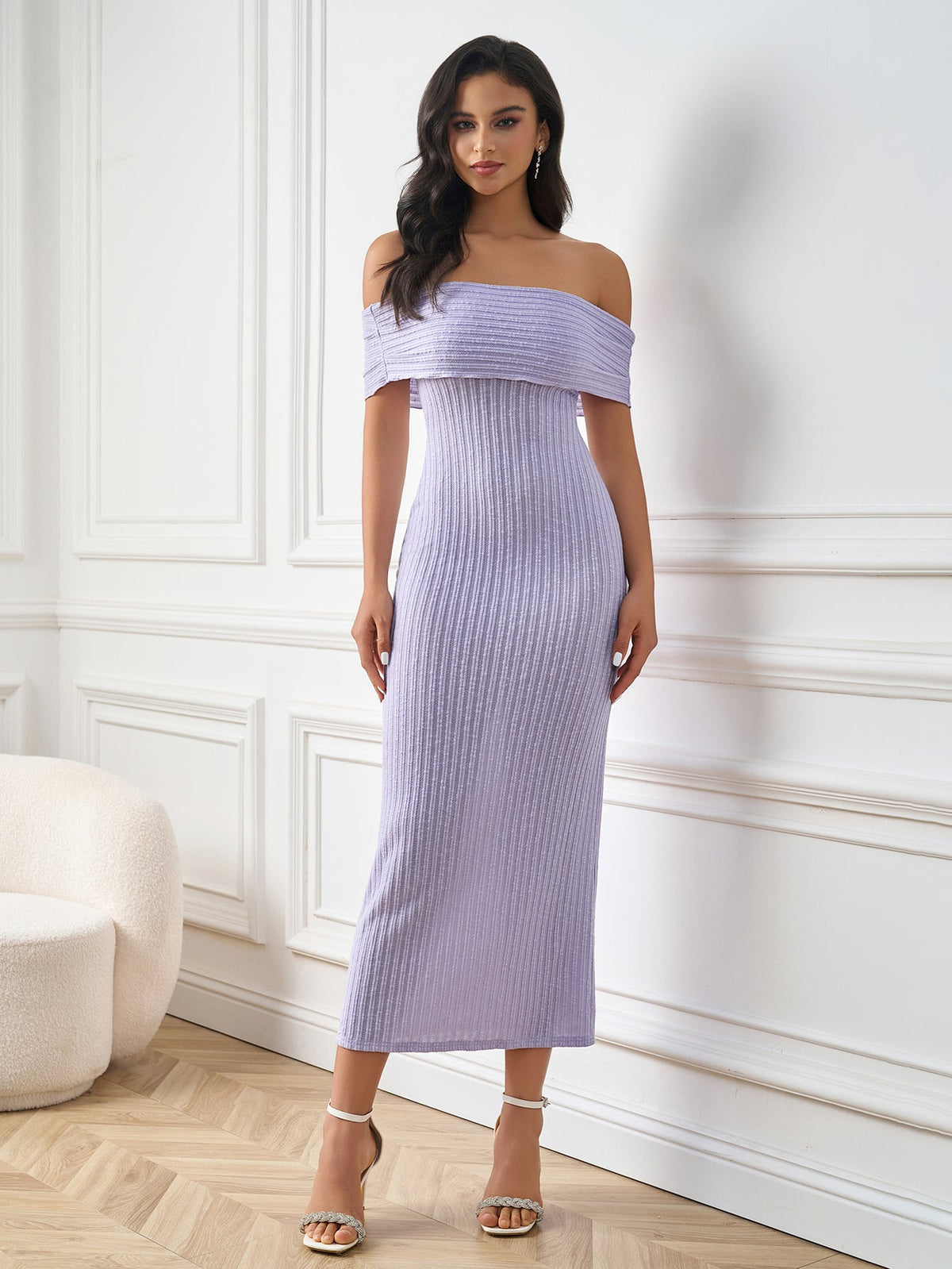Elegant Solid Knitted Off-Shoulder Bodycon Maxi Dress