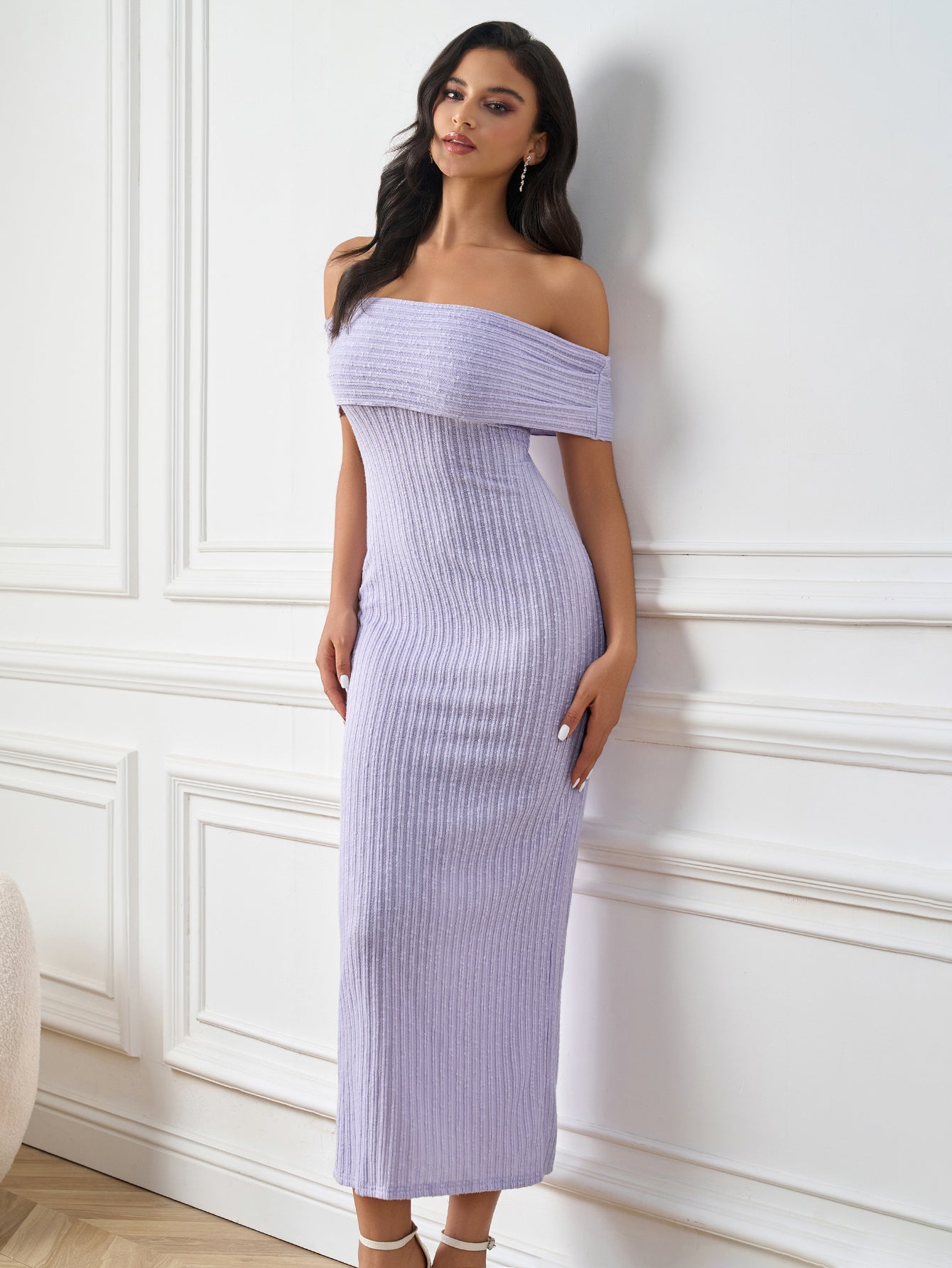 Elegant Solid Knitted Off-Shoulder Bodycon Maxi Dress
